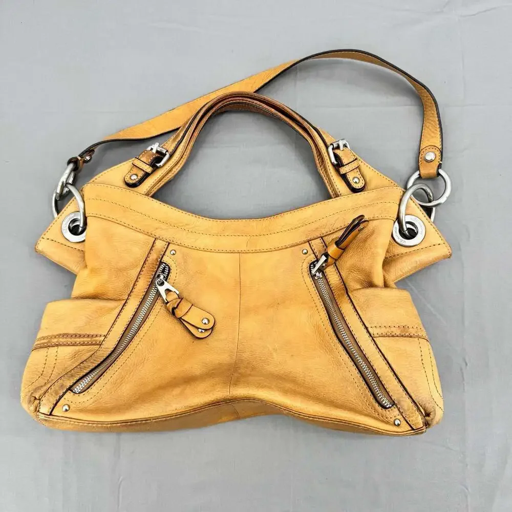 B. Makowsky Mustard Yellow Butter Soft Genuine Leather Satchel Purse